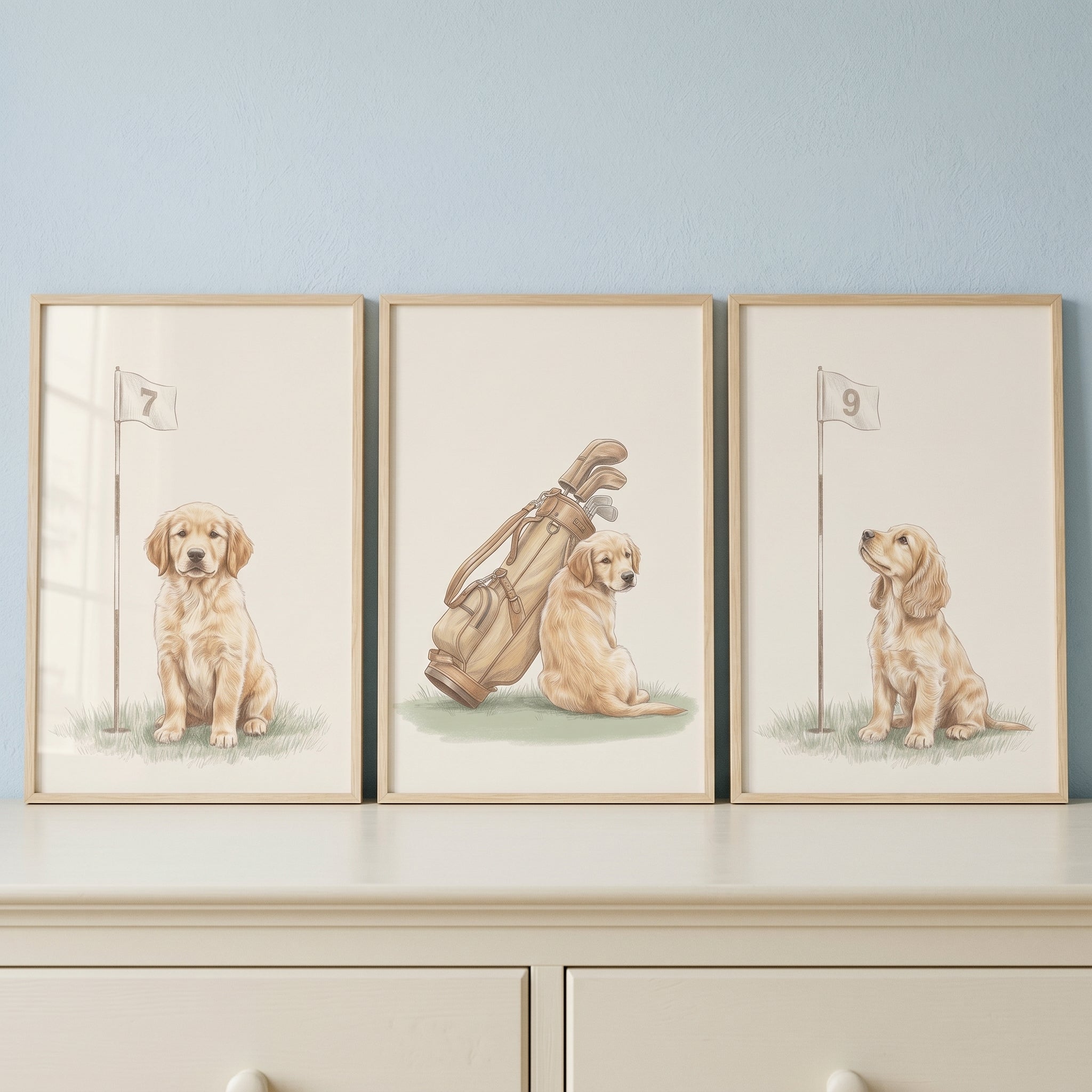 Watercolor Golfing Golden Retriever Wall Art Set of 3 - Golden Fairway Pups