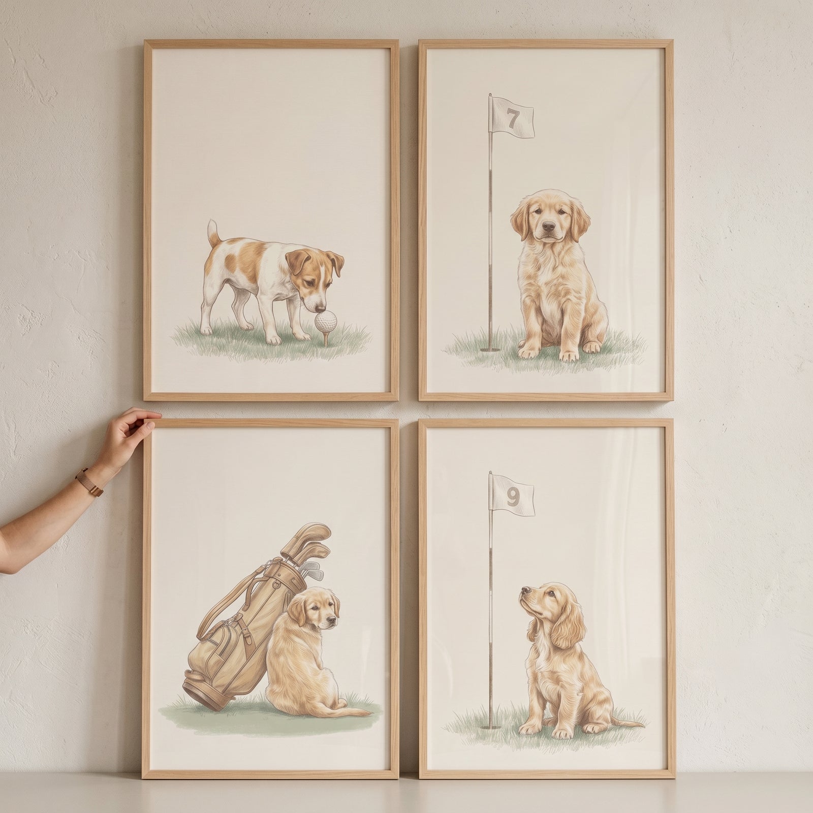 Watercolor golfing puppies wall art set of 4 featuring retriever and terrier puppies with golf gear in wood frames.