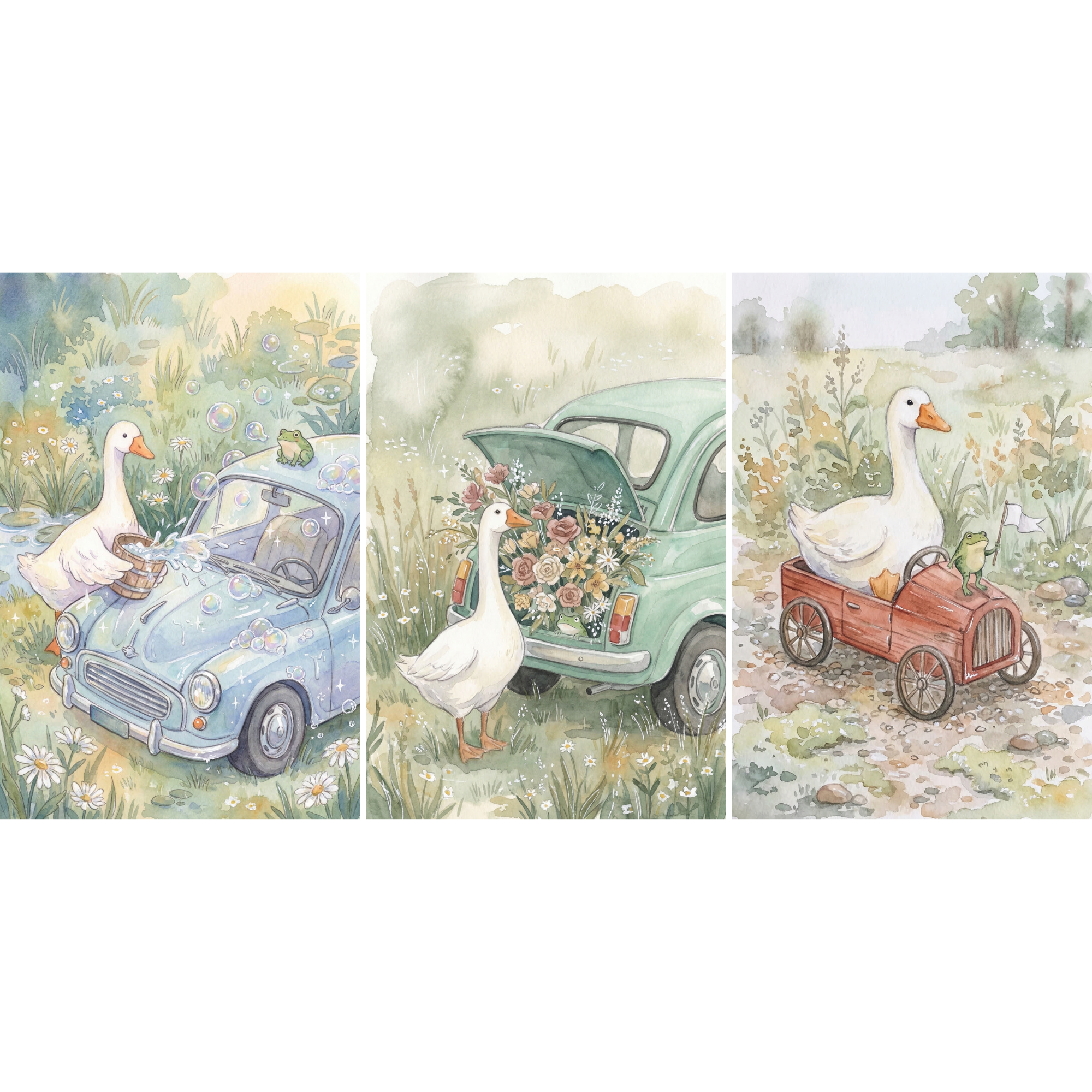 Three soft watercolor scenes of a white goose enjoying playful outdoor moments with a small frog. The goose washes a blue car with bubbles, stands by a green car filled with flowers, and rides in a small red toy car along a gentle countryside path.
