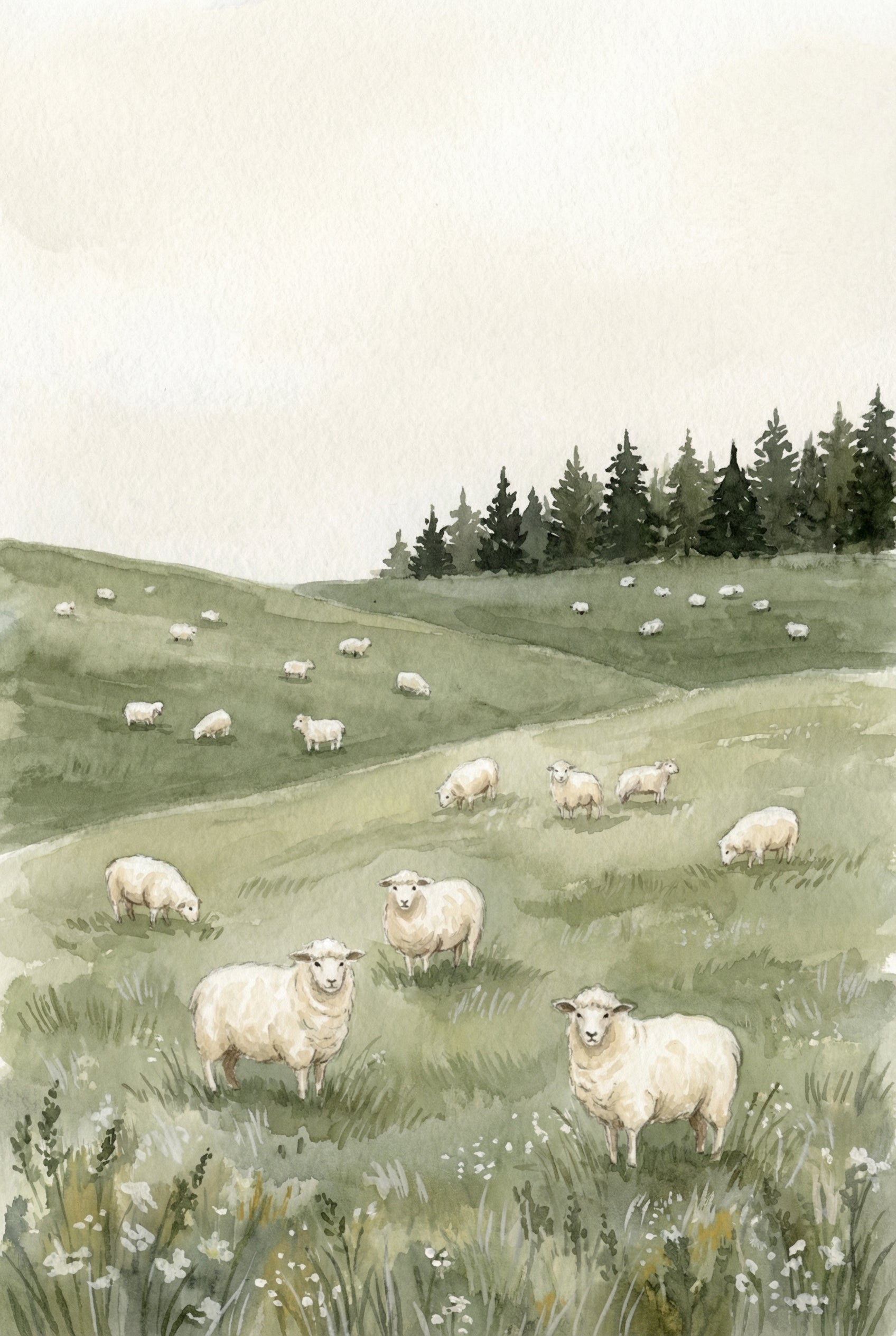 Watercolor Grazing Meadow Sheep Wall Art - Pastoral Peace