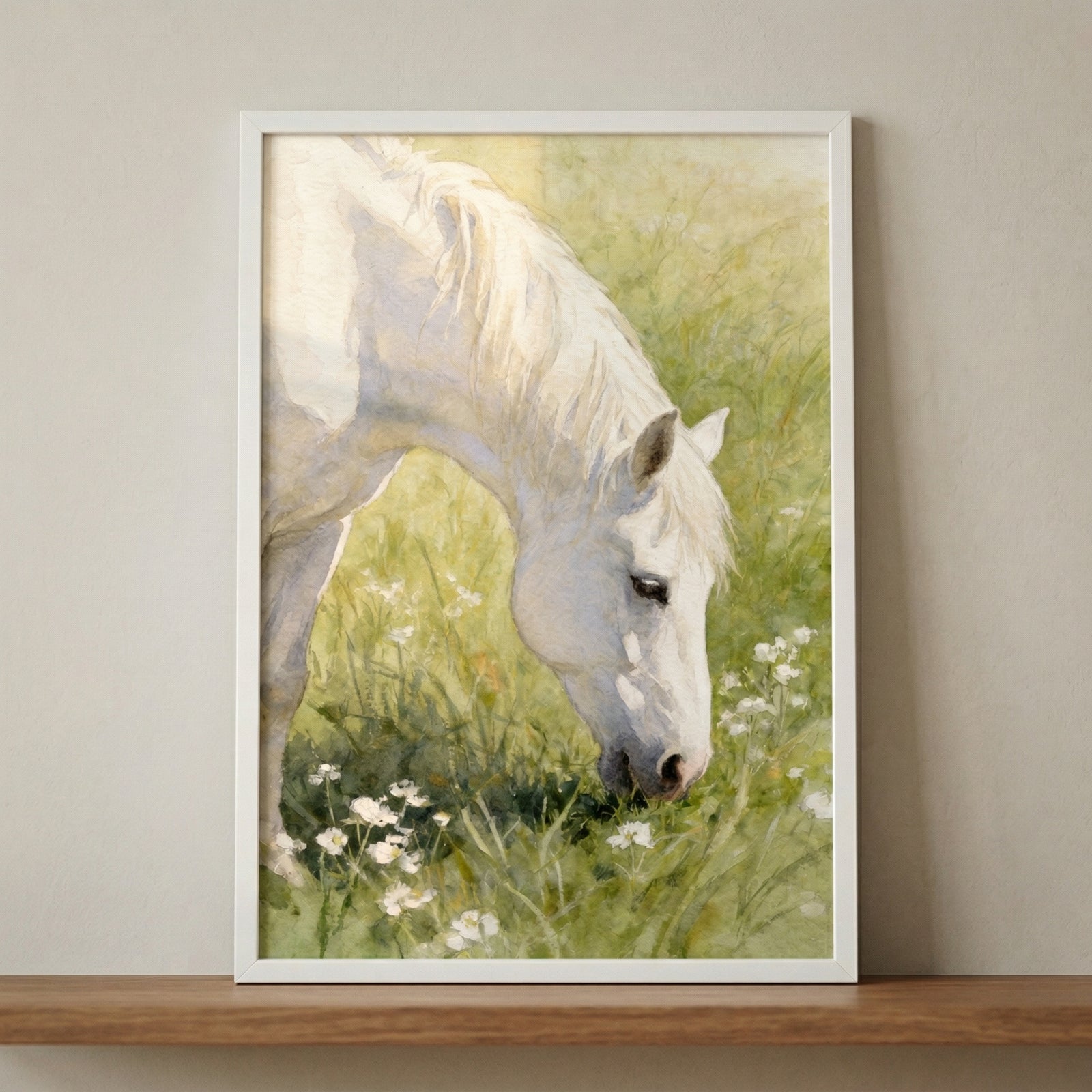A soft, realistic watercolor illustration of a beautiful white horse grazing in a lush, sunlit meadow. The horse's head is bowed down towards the grass, and its white mane catches the warm, golden light. Scattered throughout the vibrant green grass are delicate, small white wildflowers. 