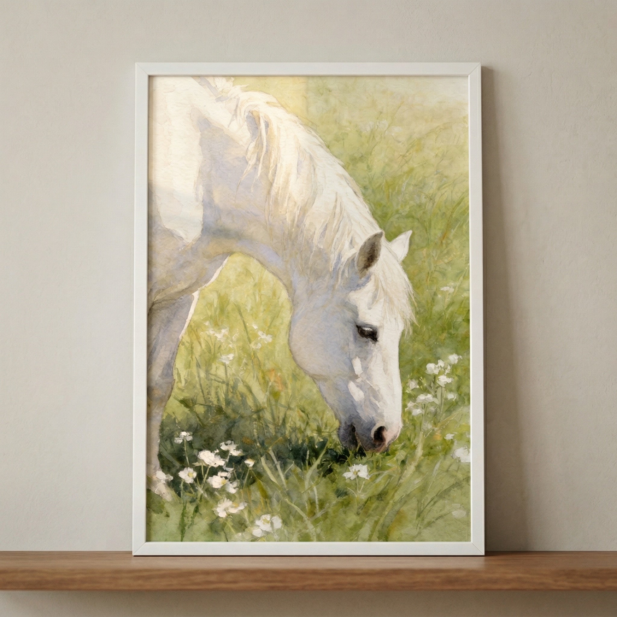 Watercolor Grazing White Horse Wall Art - Pure White Grazing