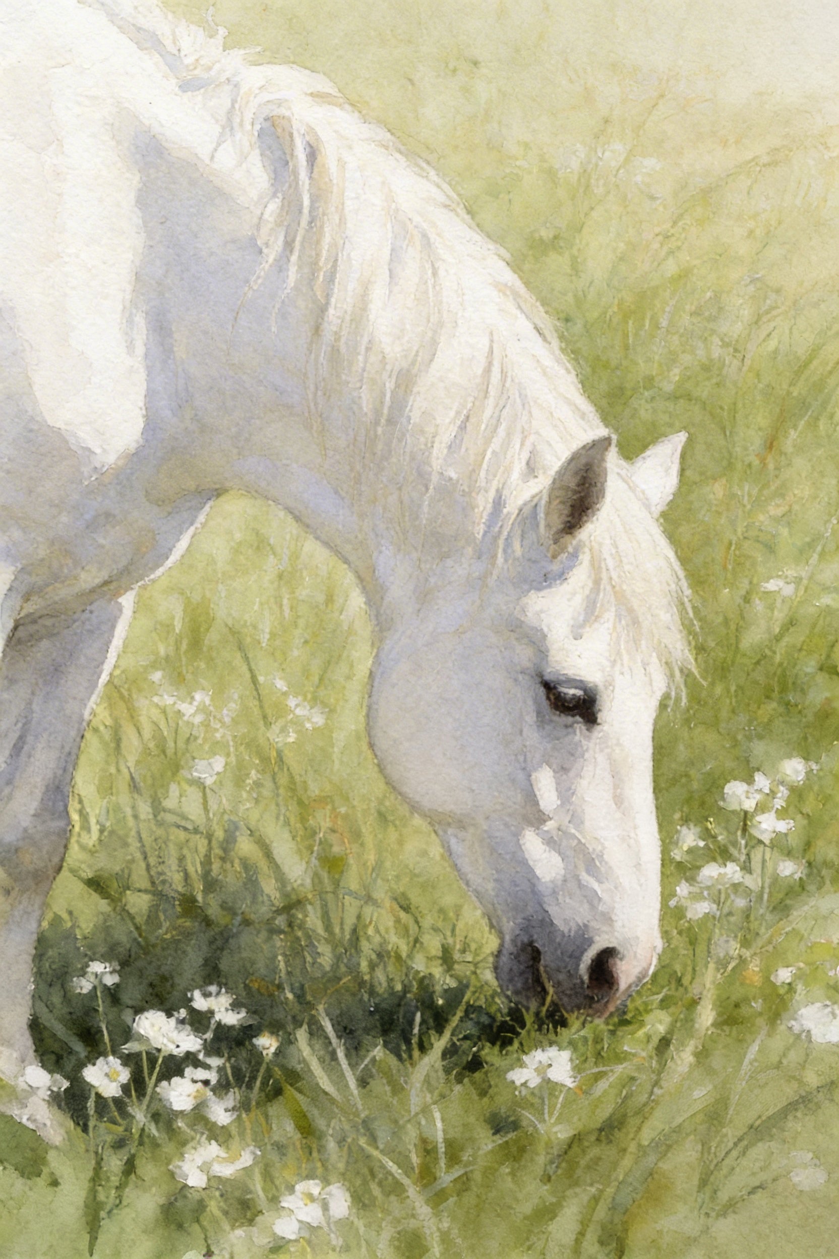 Watercolor Grazing White Horse Wall Art - Pure White Grazing