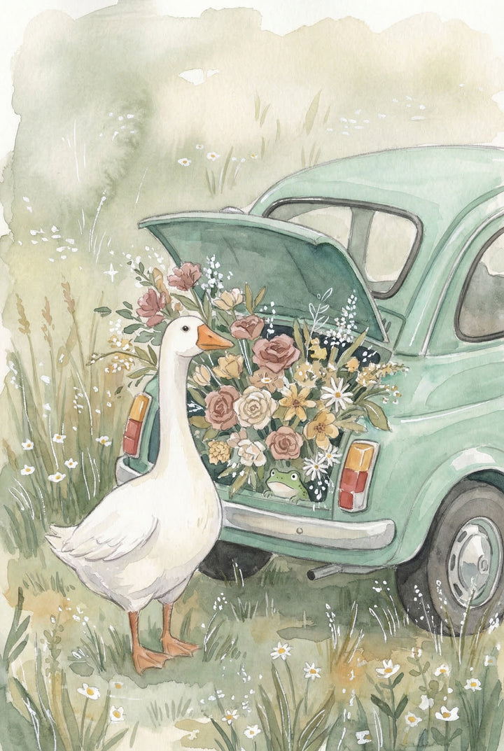 A white duck stands beside a vintage green car with its trunk open and filled with a large bouquet of soft pink, cream, and yellow flowers. A small frog peeks out from among the blooms while wildflowers and grass surround the scene. The watercolor style gives a calm countryside feel.
