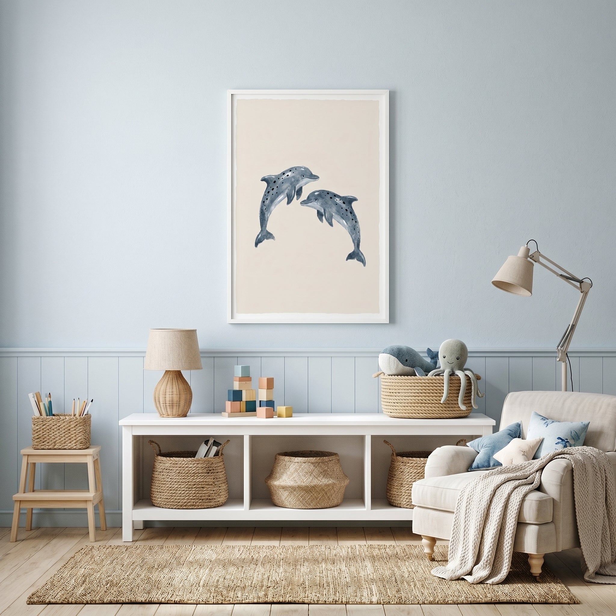 Watercolor Grey Leaping Dolphin Wall Art - Spotted Dolphin Duo