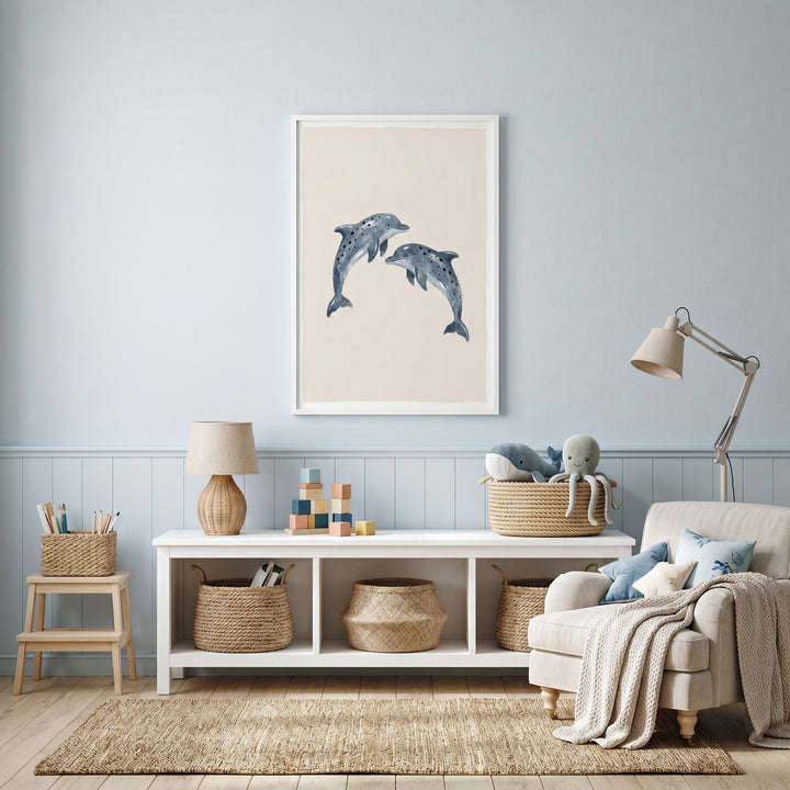 Watercolor grey leaping dolphin wall art centered in a blue nursery above a white storage bench and plush armchair.