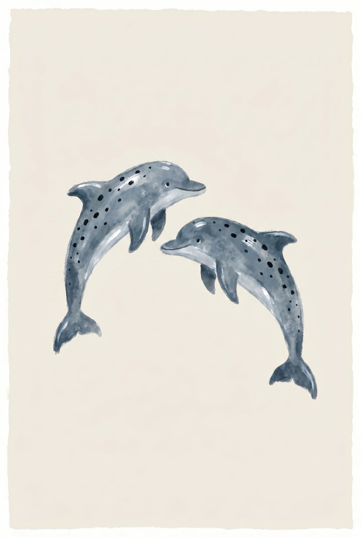 Two spotted dolphins leap in this watercolor grey leaping dolphin wall art on a cream background.