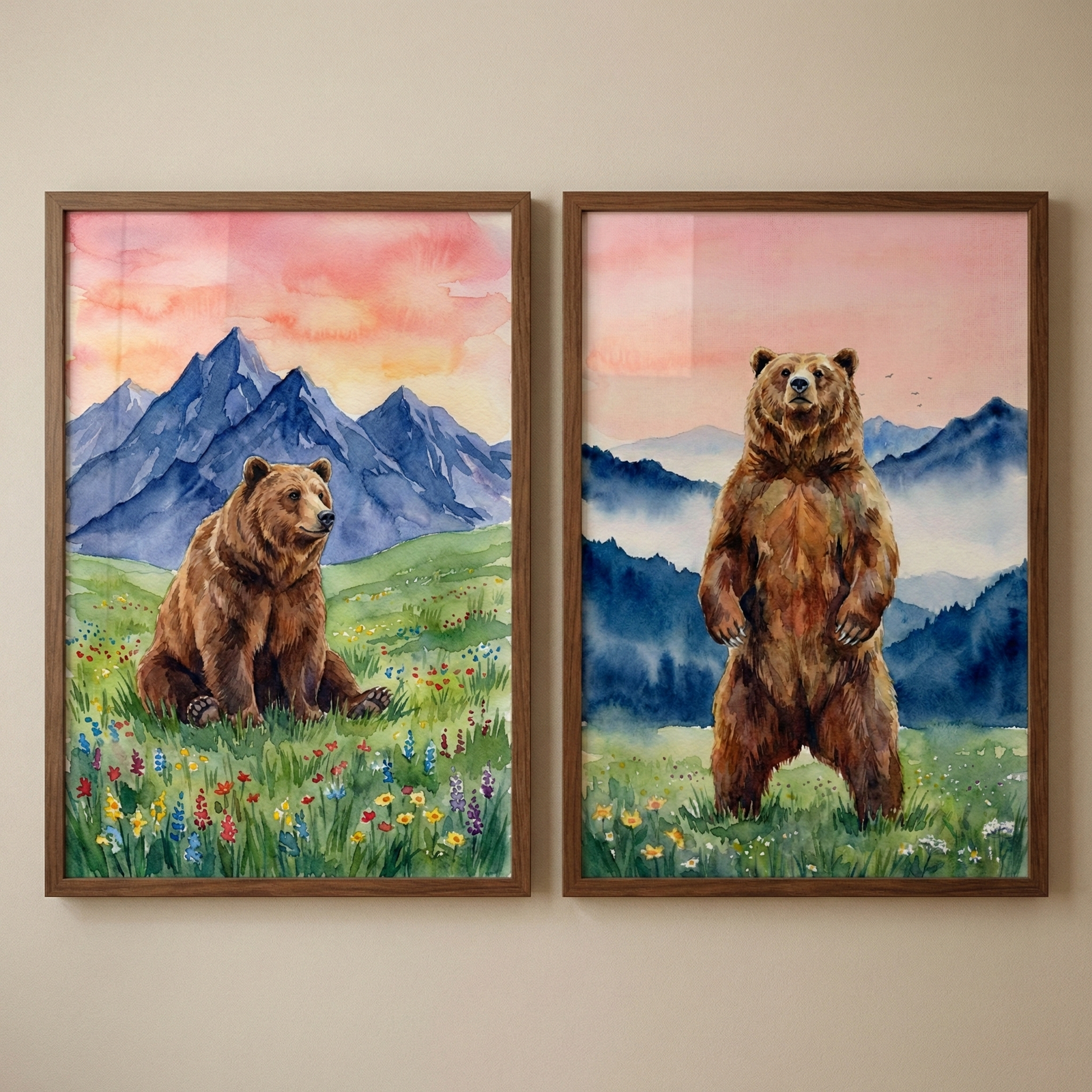 Two side-by-side wood-framed artworks in a watercolor style, each depicting a brown bear in a mountain setting. The left artwork shows a bear sitting in a field of colorful wildflowers with blue peaks and a warm sunset sky behind it. The right artwork features a bear standing on its hind legs in a meadow, with misty blue mountains and a soft pink sky in the background.