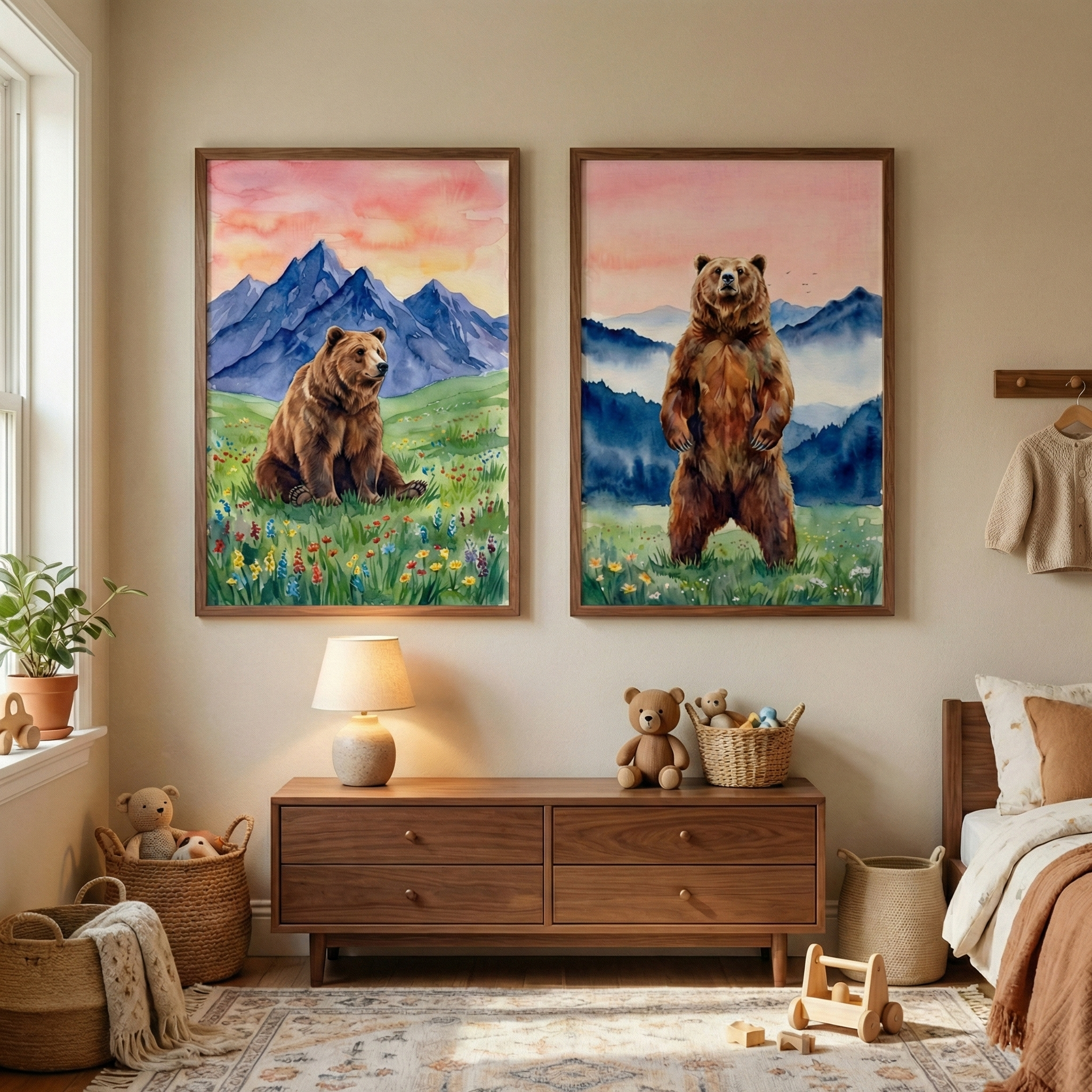 Watercolor Grizzly Bear Art Set of 2 - Sunset Grizzly Duo