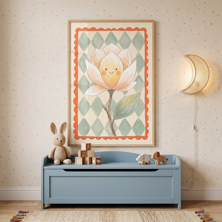Watercolor happy face magnolia flower wall art above a blue bench with a stuffed bunny and moon lamp on a dotted wall.