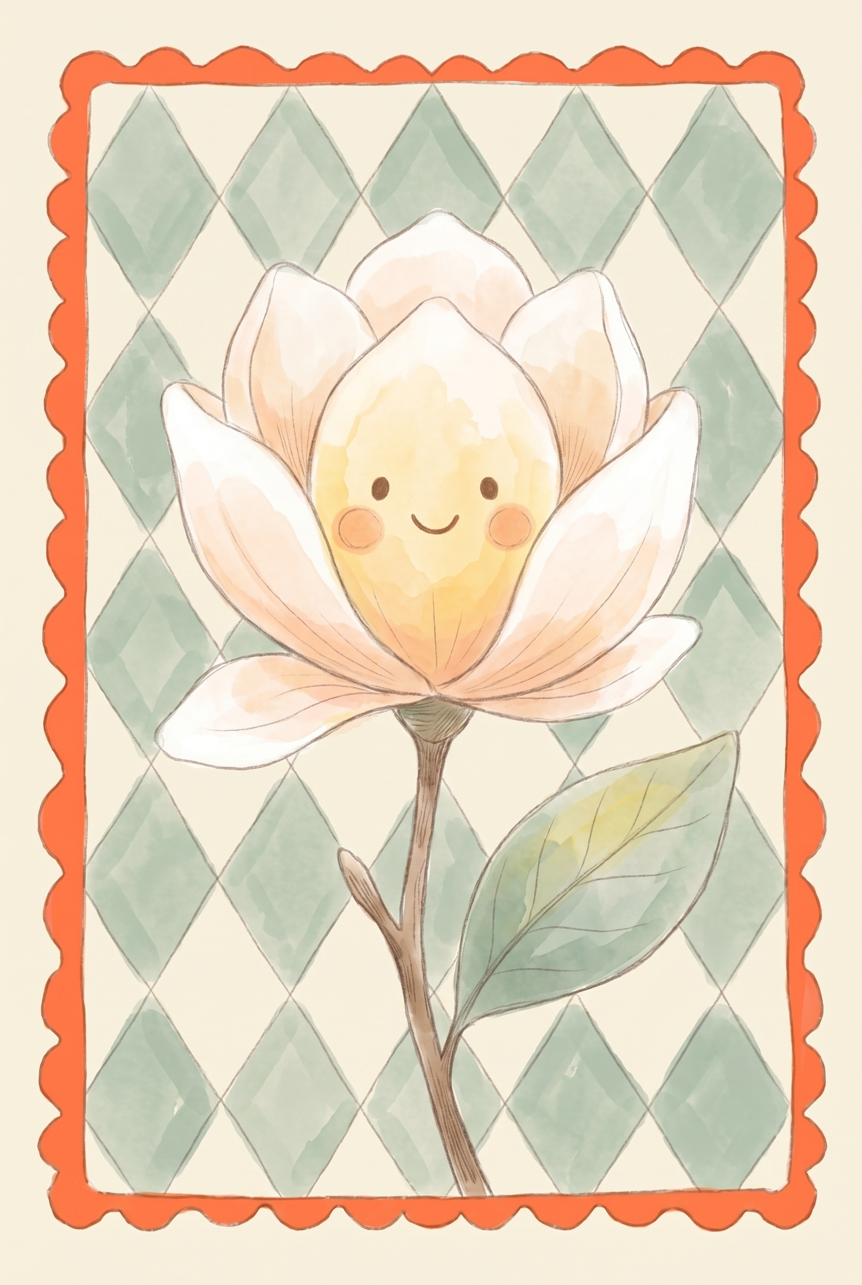 Watercolor Happy Face Magnolia Flower Wall Art - Smiling Floral Friend