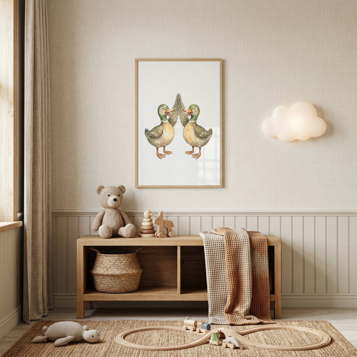 Watercolor high five ducks wall art in a neutral nursery with a teddy bear, wooden toys, and a cloud-shaped wall light.