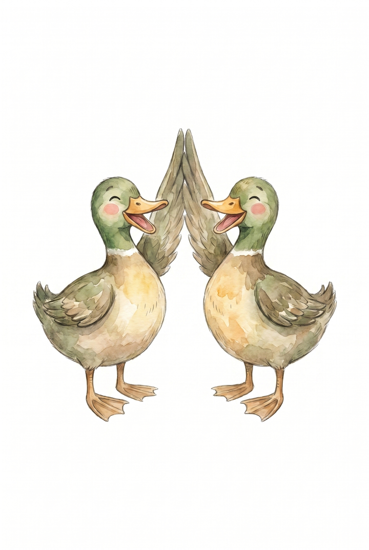 Two happy mallard ducks give a high five with their wings in this watercolor high five ducks wall art.