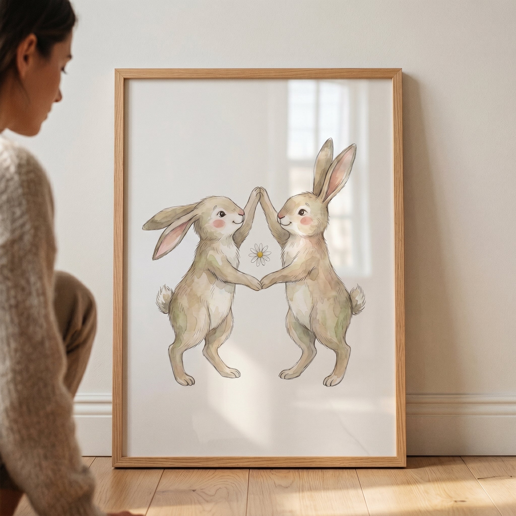 Watercolor High Five Rabbit Wall Art - Dancing Bunny Duo