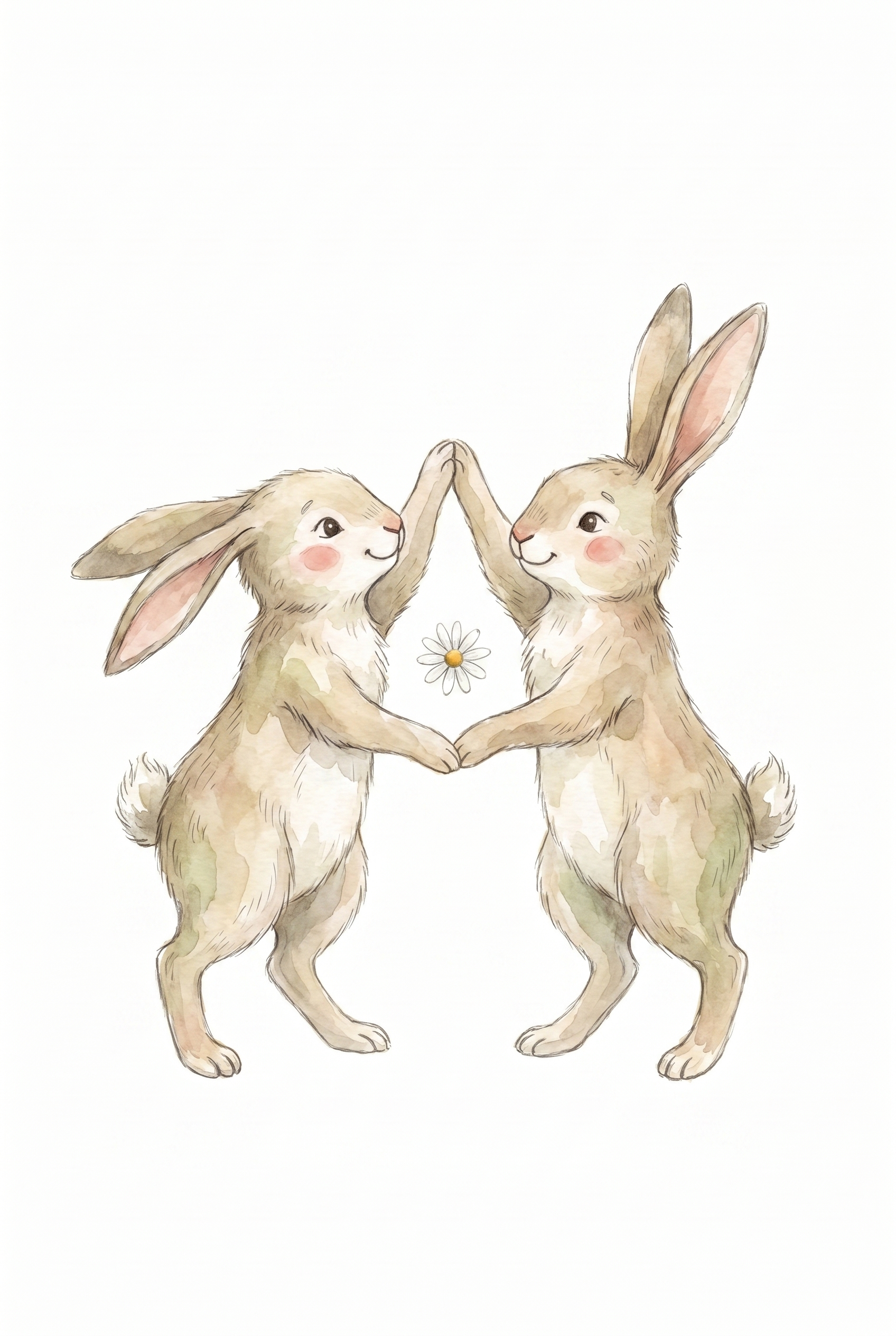 Watercolor High Five Rabbit Wall Art - Dancing Bunny Duo