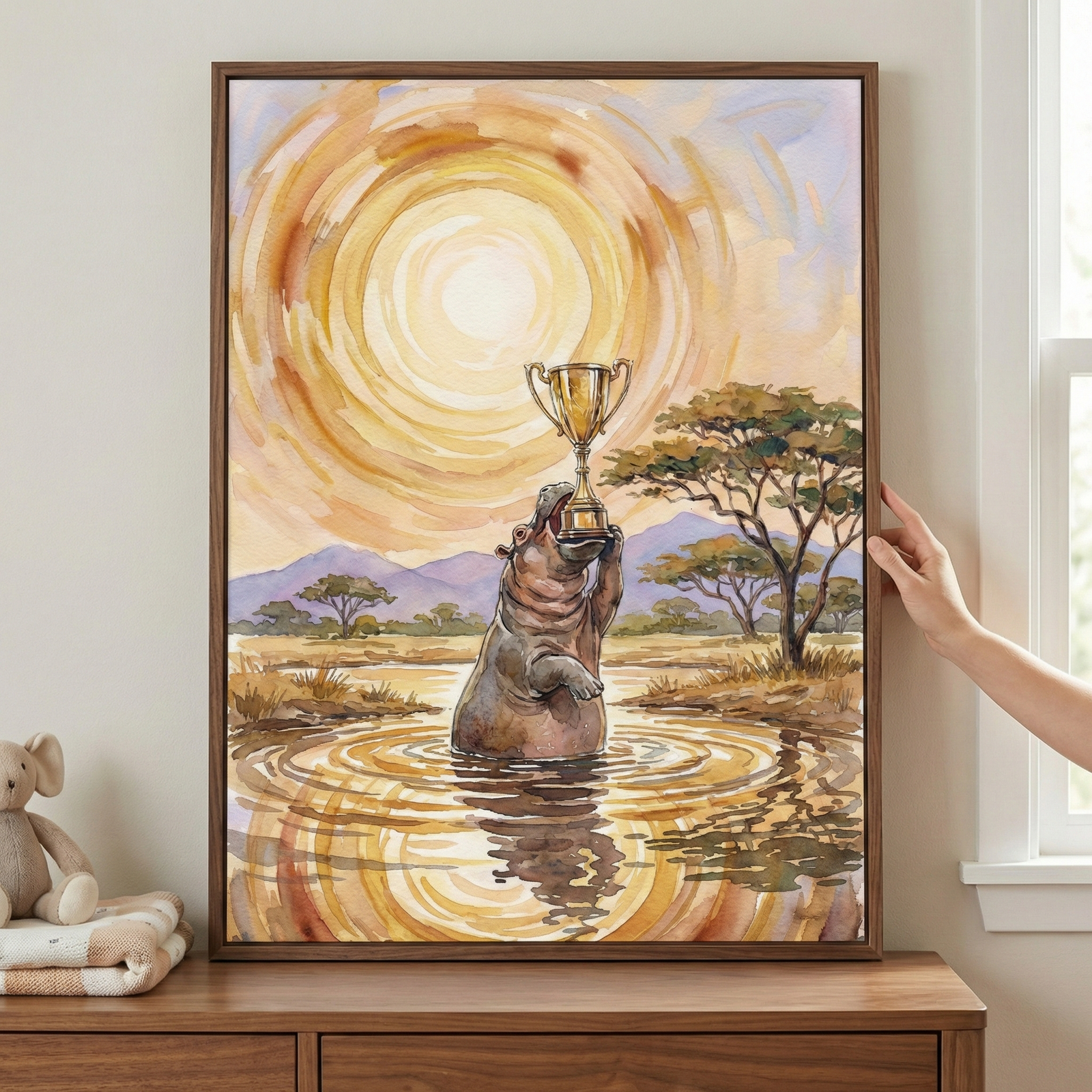 A framed watercolor-style illustration depicts a hippopotamus standing in a pool of water, triumphantly balancing a golden trophy on its snout. Behind the hippo, a massive sun is shown as a series of glowing concentric circles in warm yellow and gold tones. The background features a savanna landscape with acacia trees and distant mountains under a pale sky. The water in the foreground reflects the sun's circular light. The frame is being held by a hand on a wooden dresser.