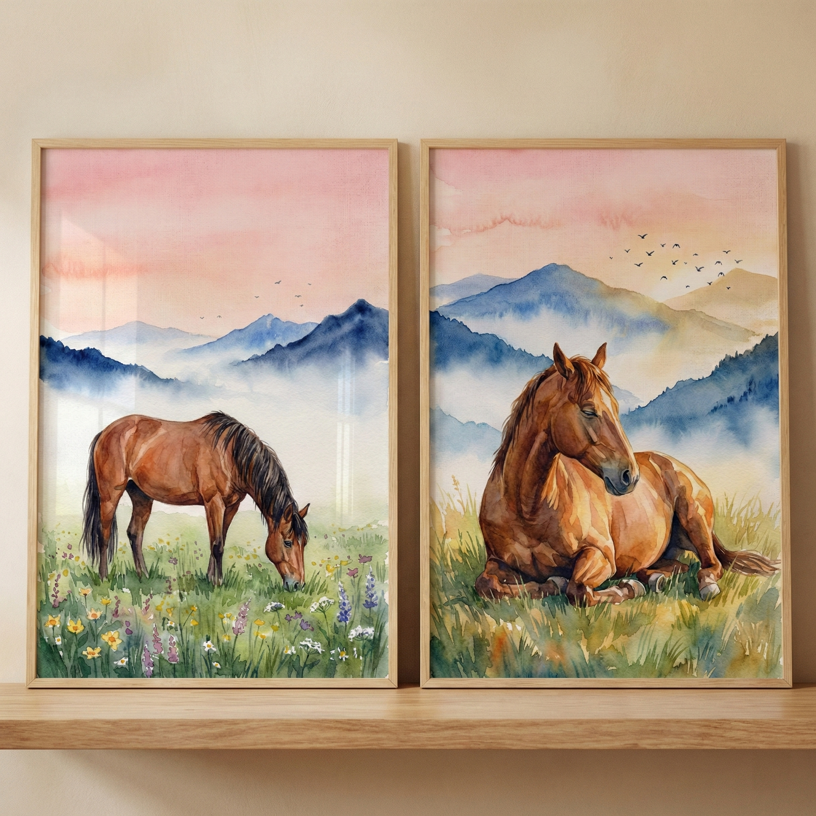 Two vertical wooden frames are displayed side by side on a light wooden surface. Both pieces feature watercolor-style artwork of horses in a serene landscape. The left frame shows a brown horse grazing in a field filled with colorful wildflowers. In the right frame, a brown horse lies comfortably in the grass. Both scenes share a background of misty blue mountains under a soft pink sunset sky with small birds in flight. The aesthetic is calm and natural with soft, blended colors.