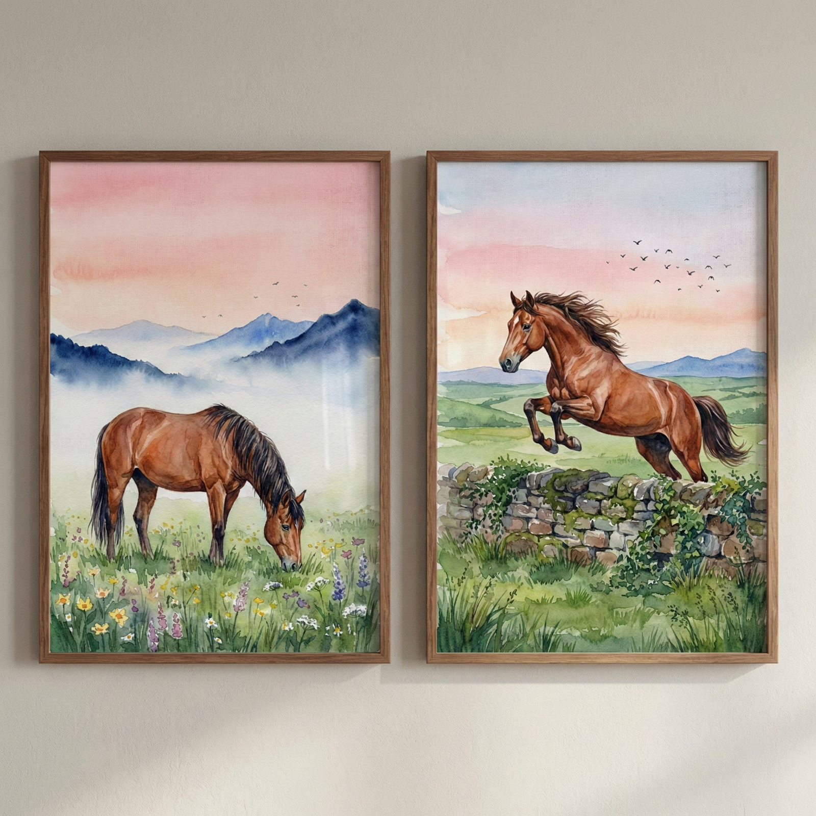 Two vertical wooden-framed artworks hang side-by-side against a plain wall. On the left, a brown horse grazes in a wildflower meadow with misty blue mountains and a soft pink sunset sky in the background. On the right, a similar brown horse is depicted jumping over a rustic stone wall in a grassy field under a matching pink and orange sky. Both watercolor-style illustrations feature soft textures and a serene atmosphere, with small bird silhouettes flying across the horizon.