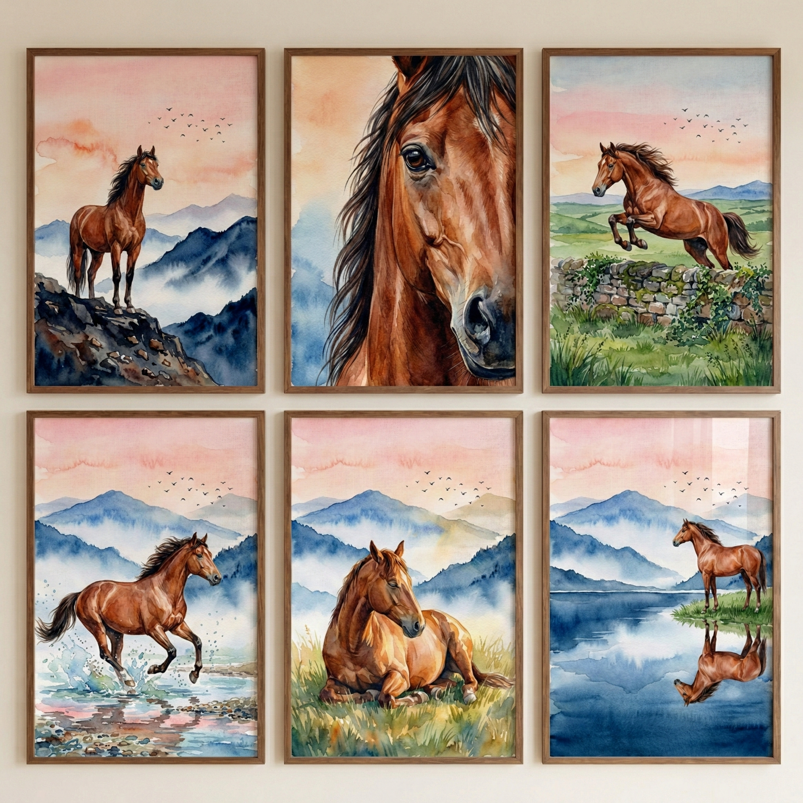 Six framed illustrations of brown horses in a watercolor style, arranged in a two-by-three grid. Each piece depicts a serene landscape with blue mountains, a soft pink sunset sky, and small birds in flight. The scenes include a horse on a rocky cliff, a close-up horse portrait, a horse jumping over a stone wall, a horse galloping through water, a horse resting in a meadow, and a horse standing by a reflective lake. The artworks are housed in simple light wood frames.