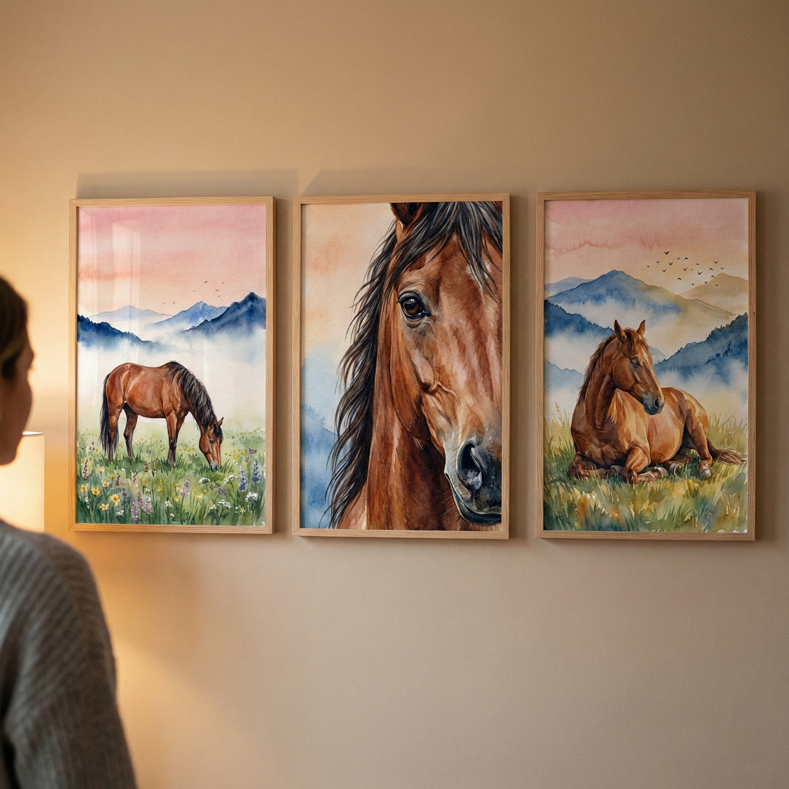 A woman is viewed from behind as she looks at a triptych of three vertical, wood-framed artworks mounted on a light-colored wall. Each frame contains a watercolor-style depiction of a brown horse set against a misty mountain landscape with a soft pink and orange sky. In the left-hand piece, a horse grazes in a field of wildflowers. The center artwork is a close-up portrait focusing on a horse's head and dark mane. 