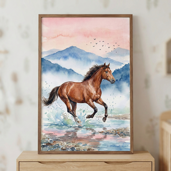 A framed watercolor illustration of a brown horse galloping through shallow water, with splashes kicked up by its hooves. The background features layers of soft blue mountains under a warm pink and orange sky. A small flock of birds is seen flying in the distance. The piece is set in a simple wooden frame and sits atop a light wood cabinet.
