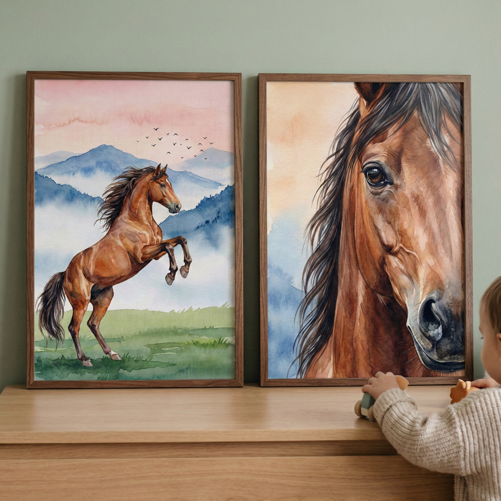 Two framed watercolor-style illustrations of a chestnut horse hang on a muted green wall above a light wood dresser. The frame on the left depicts the horse rearing in a grassy field against a backdrop of misty blue mountains and a pink sunset sky filled with birds. The frame on the right shows a close-up portrait of the horse's head, focusing on its gentle eye and flowing mane. A child's hand reaches for a wooden toy on the dresser in the lower right corner.