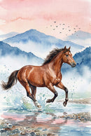 Watercolor illustration of a brown horse running through shallow water, splashing droplets around its legs. Blue mountains and a pink sky form the scenic background. The dynamic motion and scattered water create a lively energetic moment.
