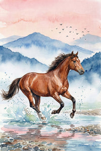 Watercolor illustration of a brown horse running through shallow water, splashing droplets around its legs. Blue mountains and a pink sky form the scenic background. The dynamic motion and scattered water create a lively energetic moment.

