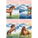 Four watercolor paintings of horses in misty mountain landscapes beneath soft pink skies with birds flying overhead. The scenes include a horse standing in a grassy field with mountains behind it, a horse standing beside a calm lake with its reflection in the water, a horse rearing up on its hind legs in a meadow, and a horse resting peacefully in sunlit grass with distant mountains and drifting mist.
