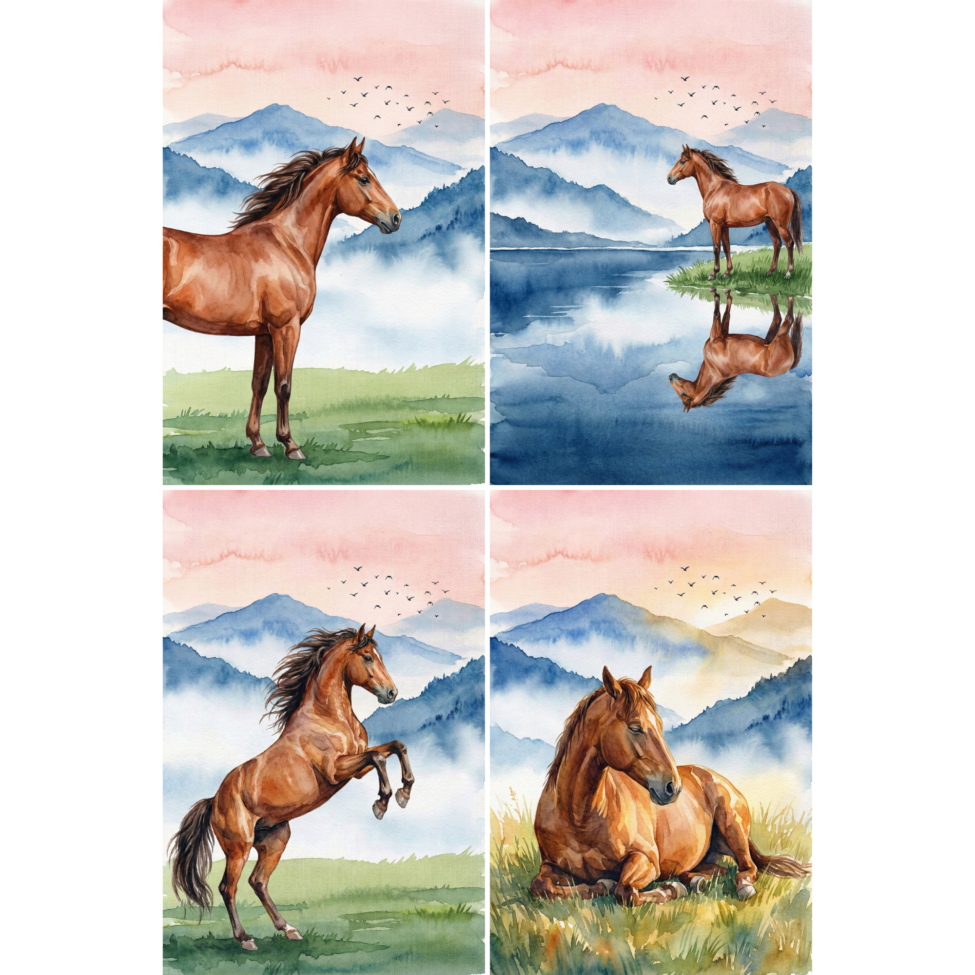 Four watercolor paintings of horses in misty mountain landscapes beneath soft pink skies with birds flying overhead. The scenes include a horse standing in a grassy field with mountains behind it, a horse standing beside a calm lake with its reflection in the water, a horse rearing up on its hind legs in a meadow, and a horse resting peacefully in sunlit grass with distant mountains and drifting mist.

