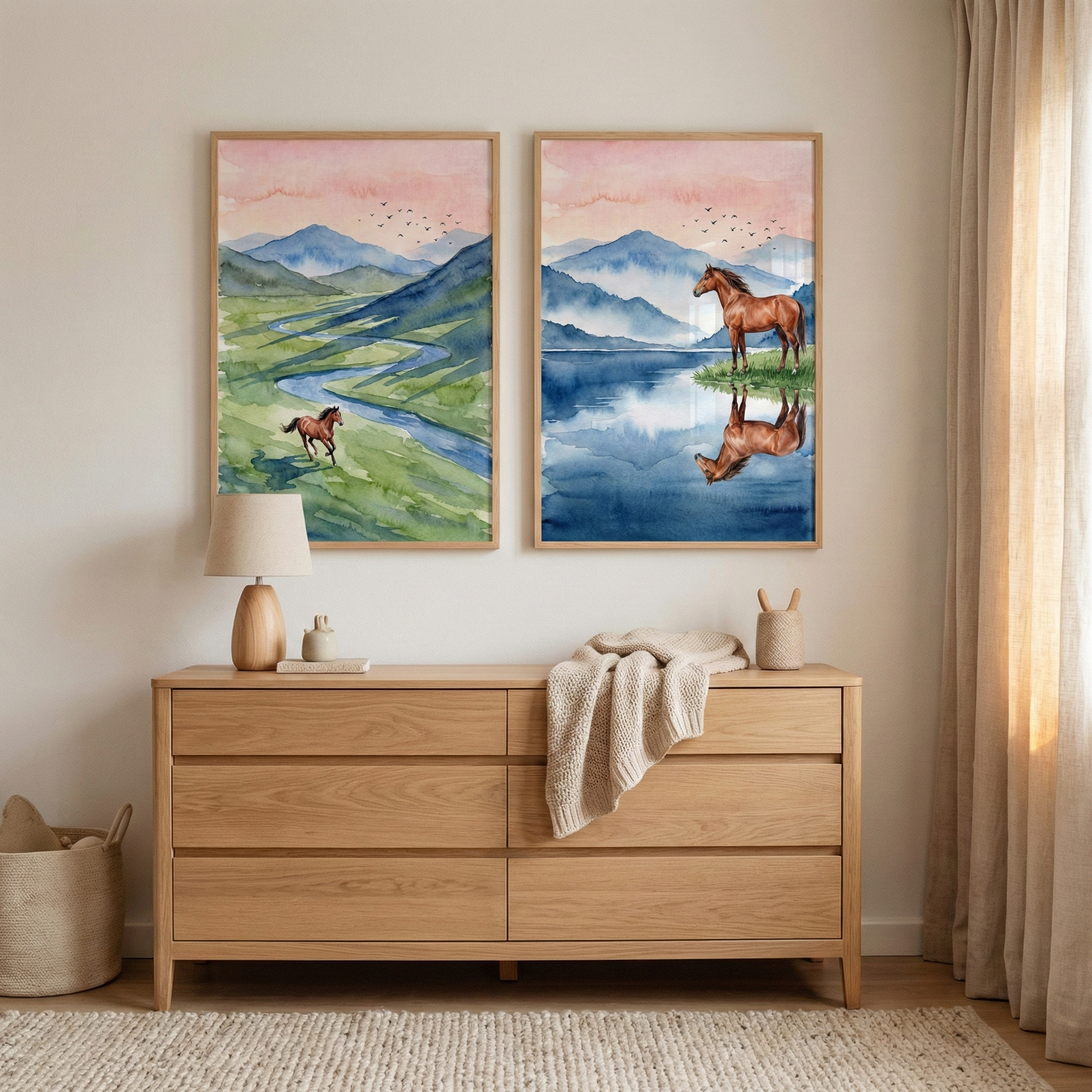 Watercolor Horse Wall Art Set of 2 - Wild Valley Gallop