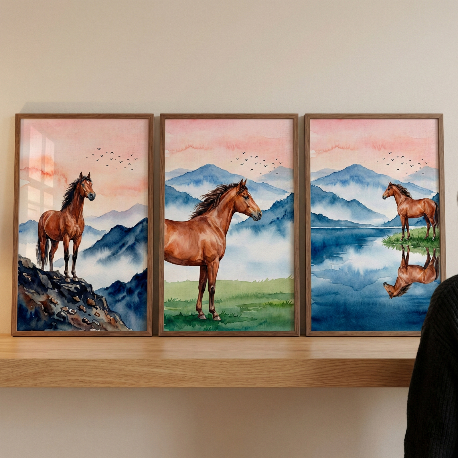 Three vertical wooden frames sit on a light shelf, displaying a series of scenic artworks. Each piece features a brown horse in a misty mountain landscape under a soft pink sky. On the left, a horse stands on a dark, rocky ledge. The center artwork shows a horse in a green field with layered blue mountains behind it. The right frame depicts a horse standing by calm blue water, with its reflection visible on the surface. Small flocks of birds fly across the sky in each scene.