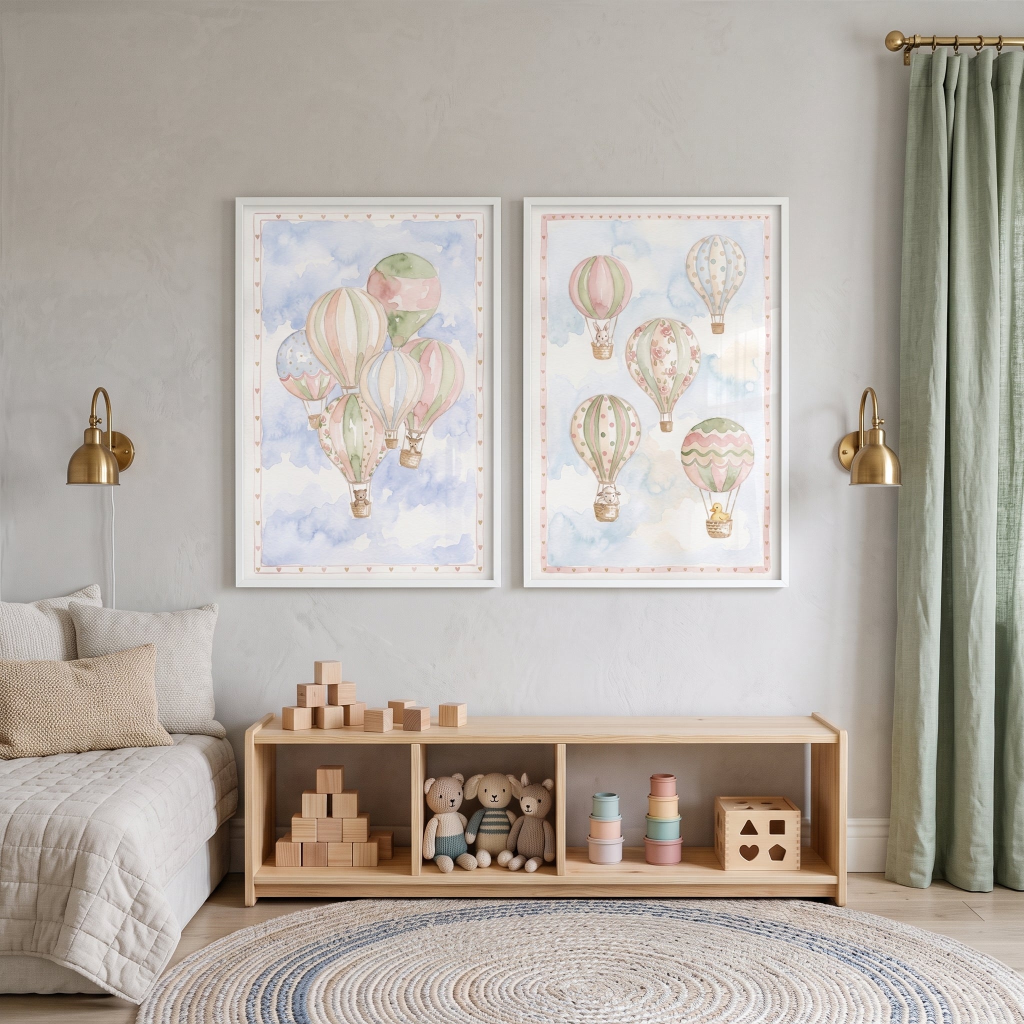 Watercolor Hot Air Balloon Wall Art Set Of 2 - Dreamy Sky Drifters