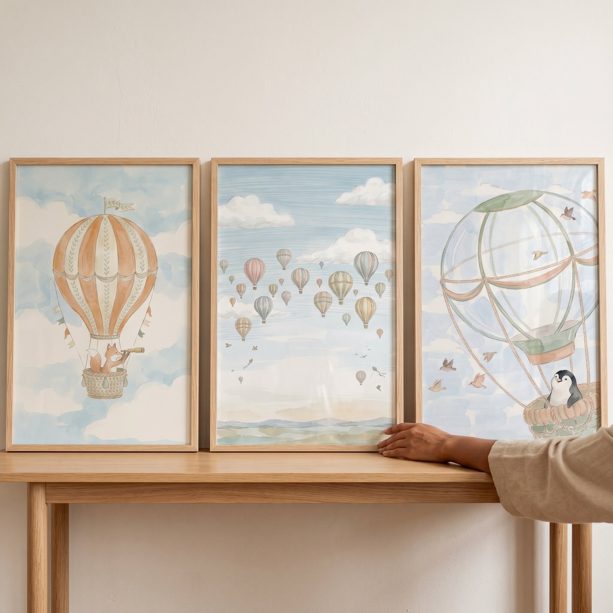 Watercolor Hot Air Balloon Wall Art Set of 3 - Whimsical Balloon Flight