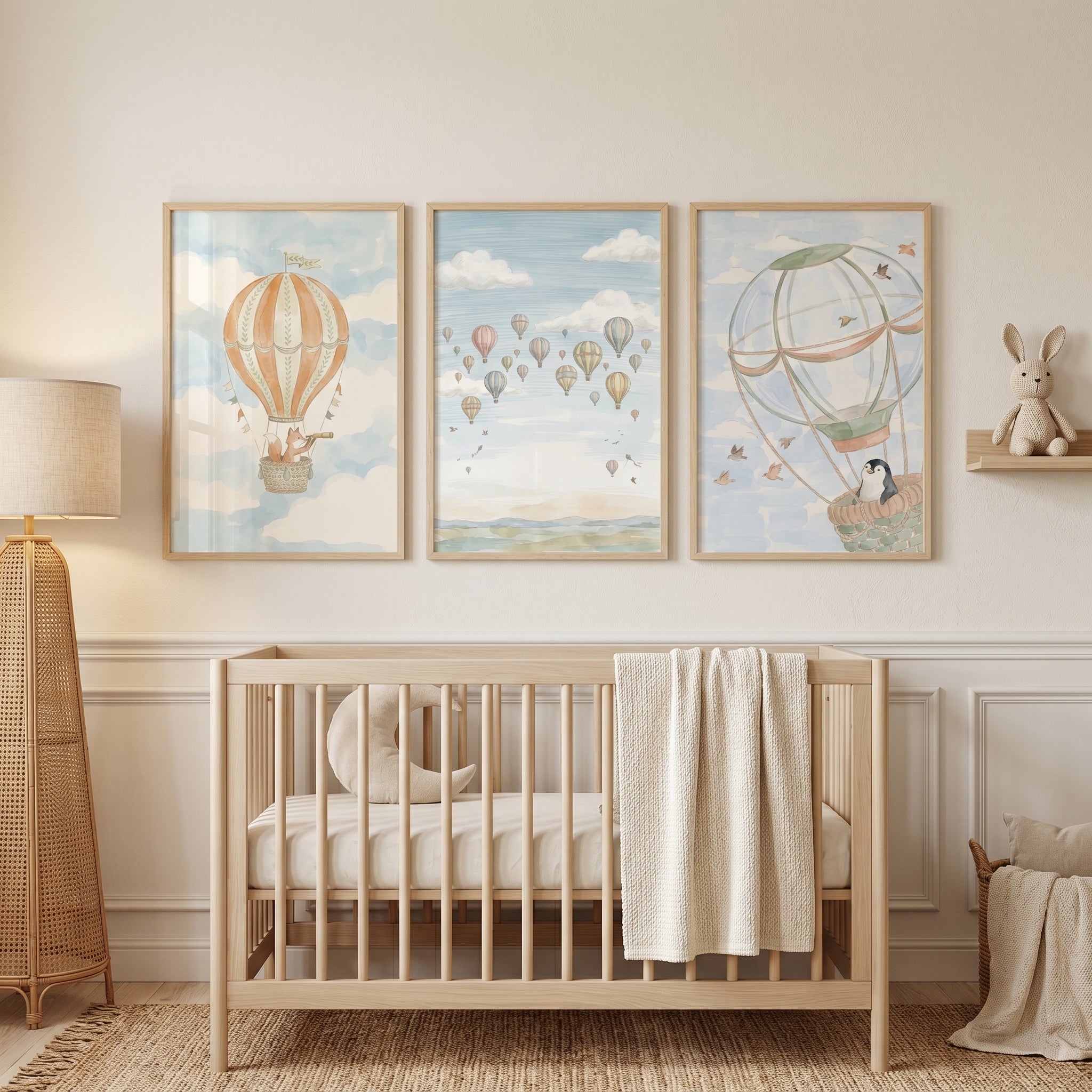 Watercolor Hot Air Balloon Wall Art Set of 3 - Whimsical Balloon Flight