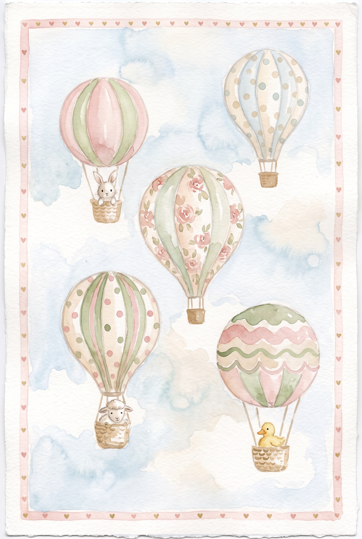 Watercolor hot air balloon wall art featuring a rabbit, sheep, and duck in a soft blue sky with heart borders.