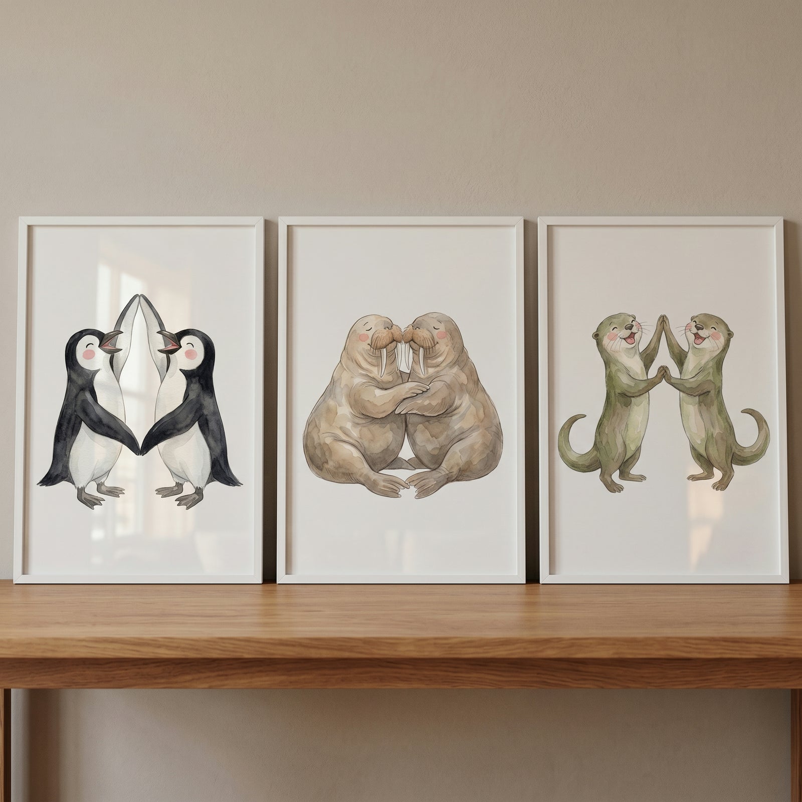Watercolor hugging arctic animal wall art set of 3 featuring penguins, walruses, and otters in white frames.