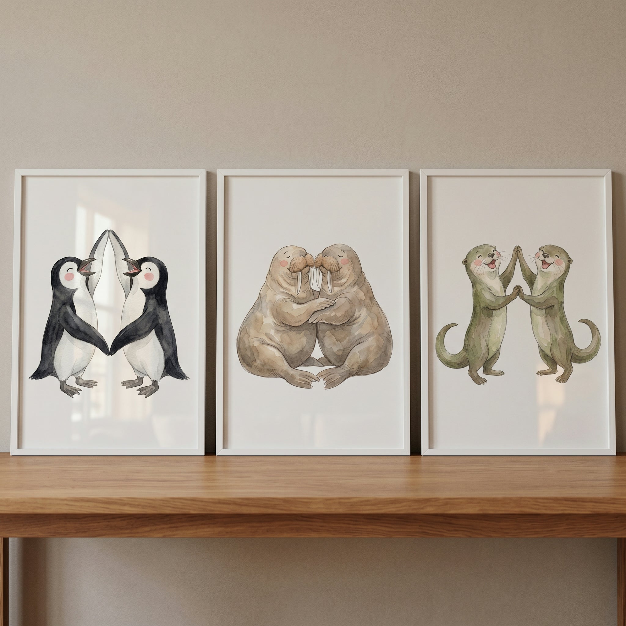 Watercolor Hugging Arctic Animal Wall Art Set of 3 - Cuddly Sea Buddies