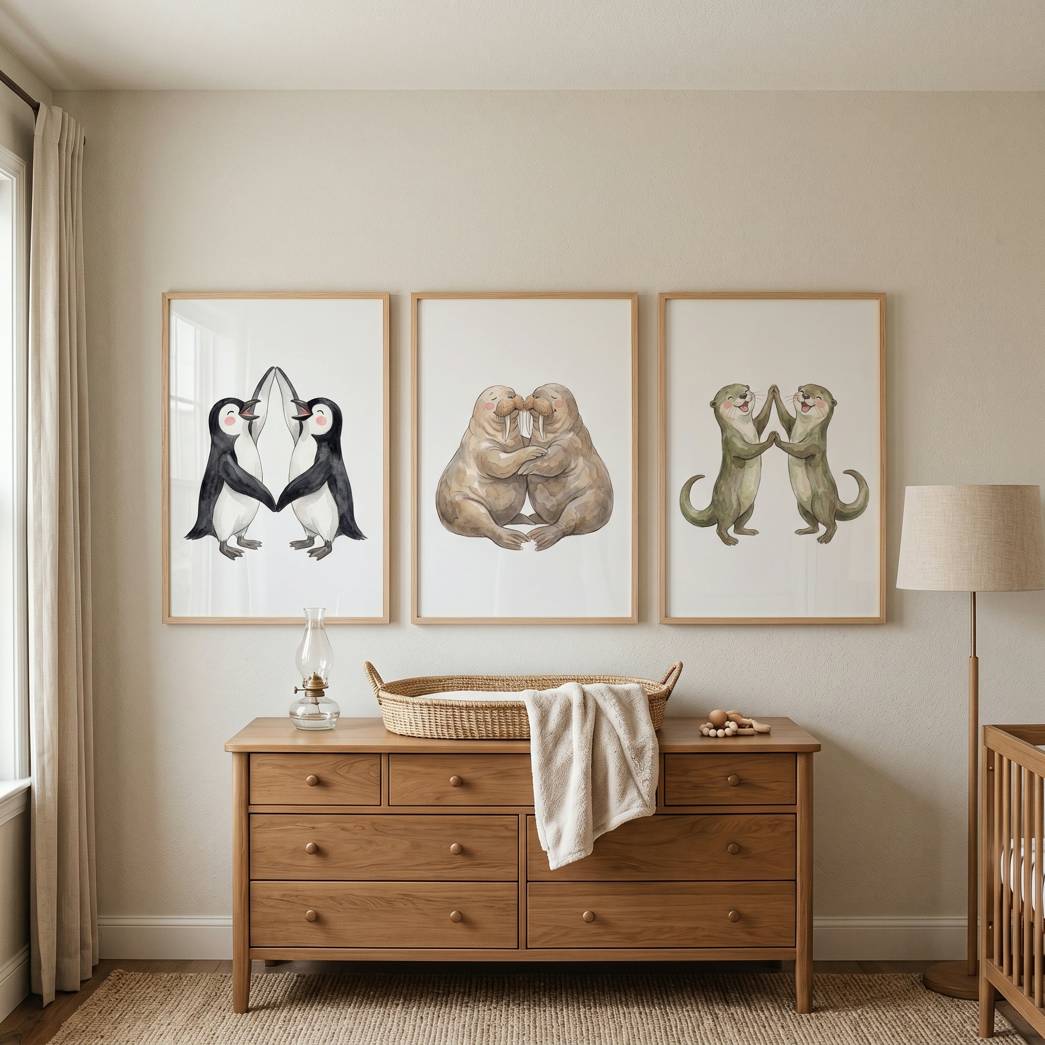 Watercolor Hugging Arctic Animal Wall Art Set of 3 - Cuddly Sea Buddies
