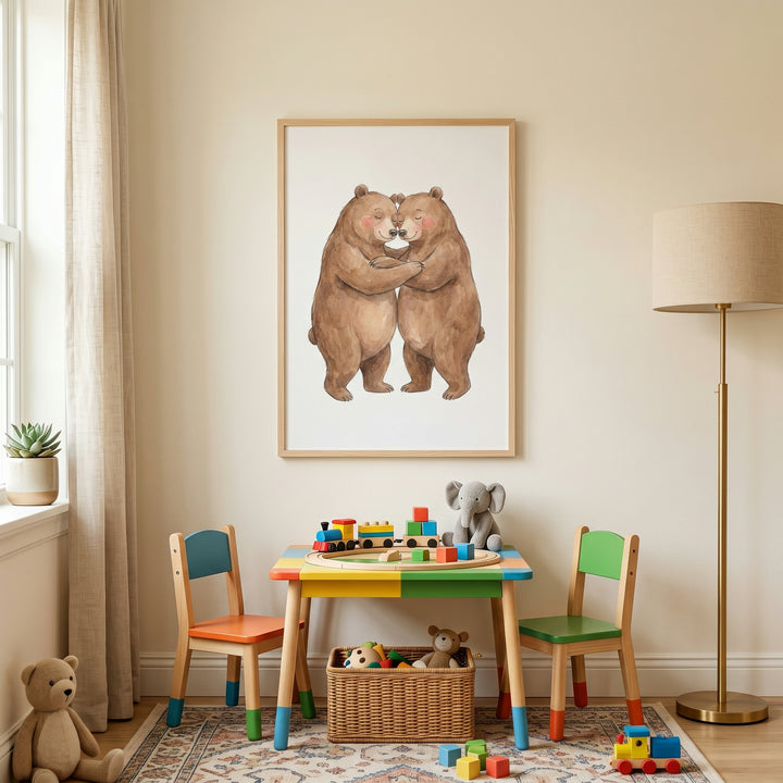 Watercolor hugging brown bear wall art hangs over a child's playroom table and chairs with colorful wooden toys.
