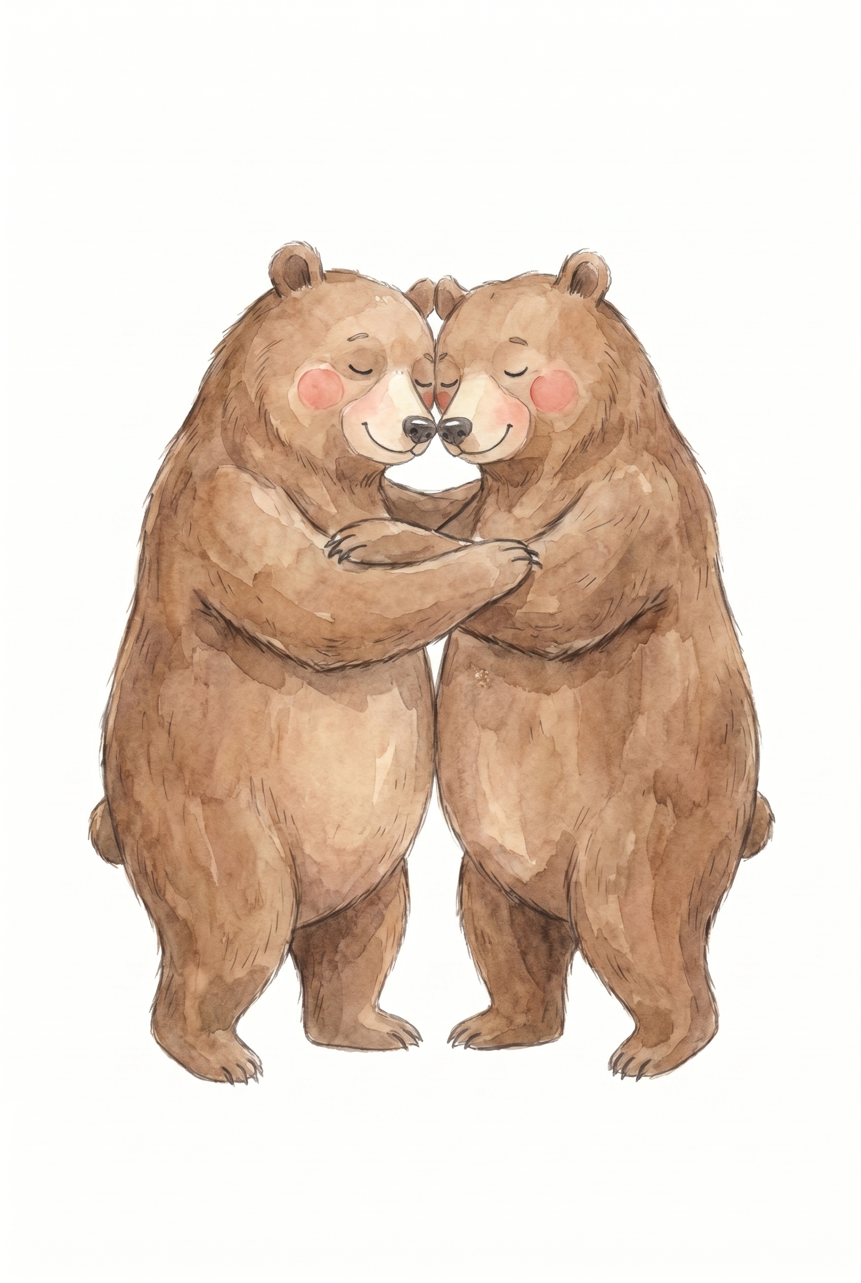 Watercolor Hugging Brown Bear Wall Art - Gentle Bear Nuzzle