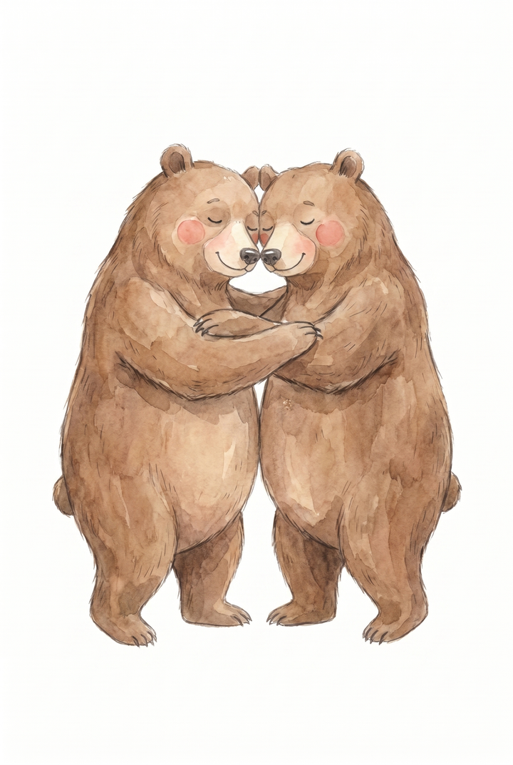 Watercolor hugging brown bear wall art of two bears with rosy cheeks touching noses on a white background.