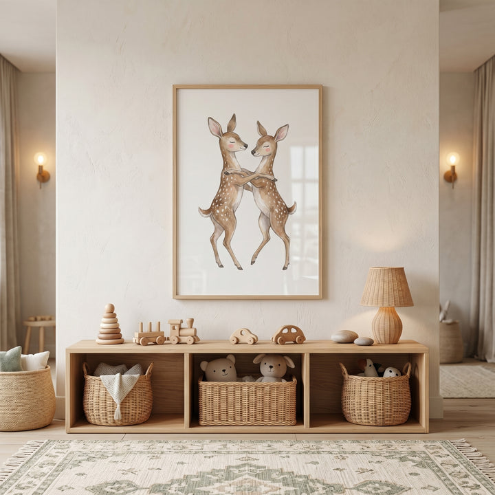 Watercolor hugging spotted fawn wall art hangs above a wooden shelf with toys and baskets in a neutral nursery.