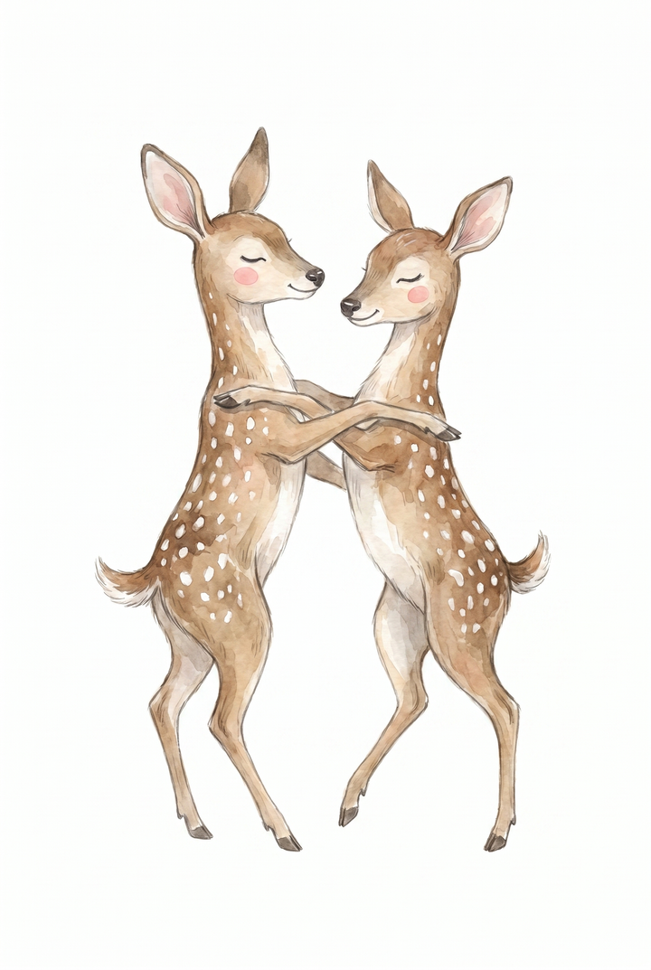 Two fawns with pink cheeks embrace in this watercolor hugging spotted fawn wall art on a white background.