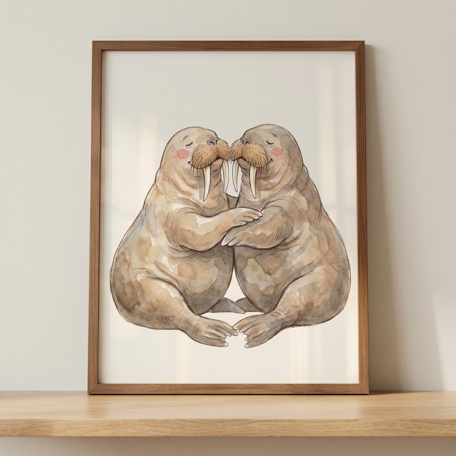 Watercolor hugging walrus wall art shows two cute walruses hugging and touching tusks inside a wooden frame on a shelf.