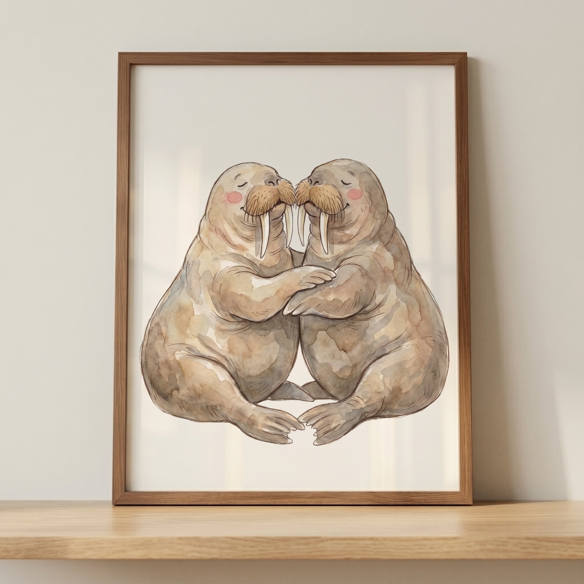 Watercolor Hugging Walrus Wall Art - Arctic Embrace