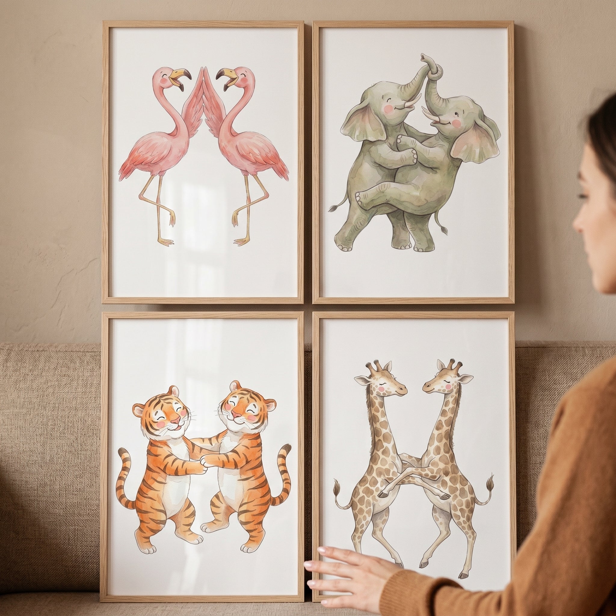 Watercolor Hugging Wild Animal Wall Art Set of 4 - Dancing Animal Friends