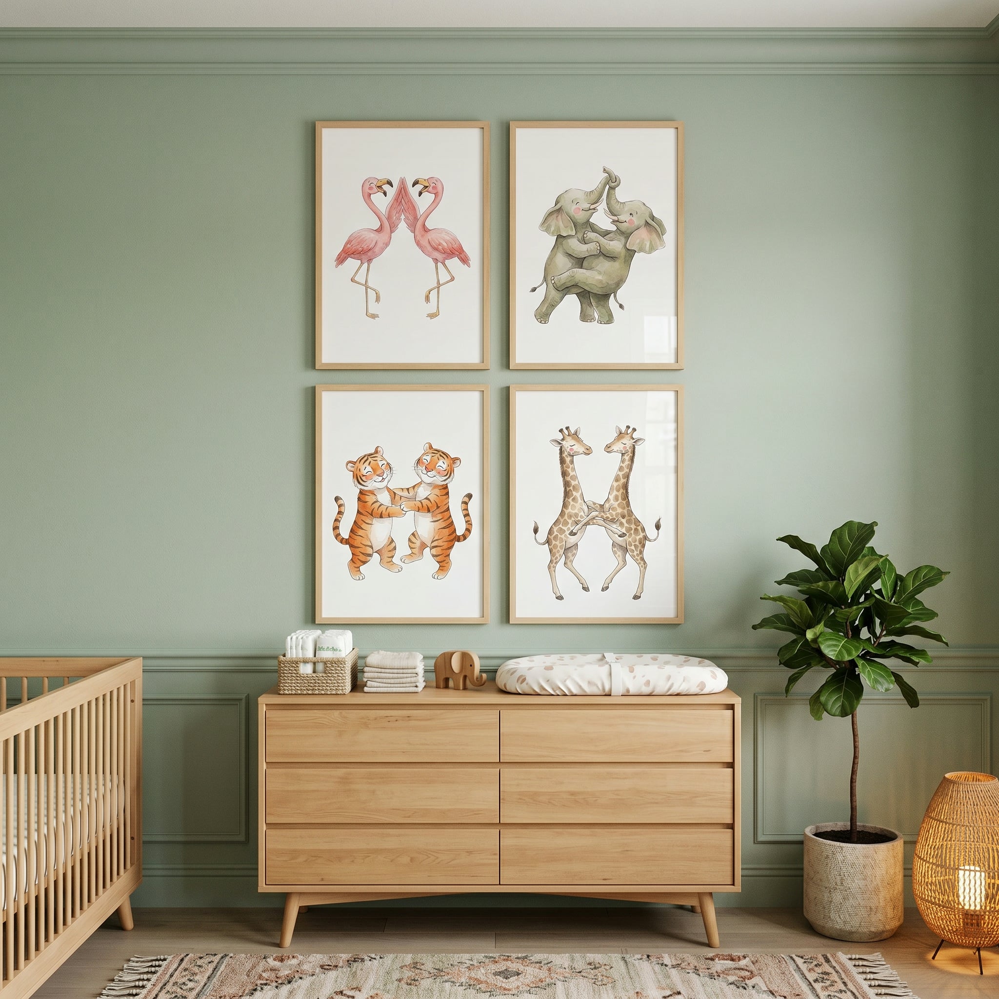 Watercolor Hugging Wild Animal Wall Art Set of 4 - Dancing Animal Friends