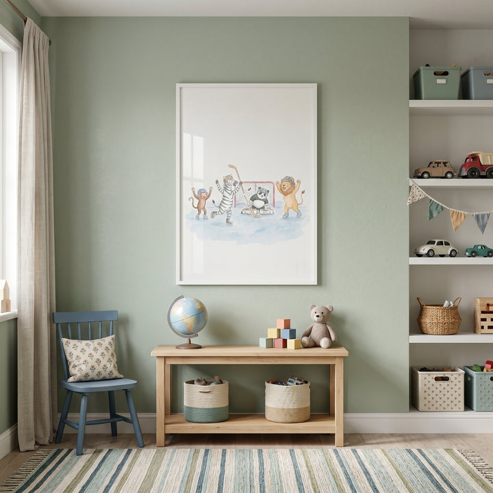 Sage green room with watercolor ice hockey animals wall art above a wooden bench, a blue chair, and toy shelves.
