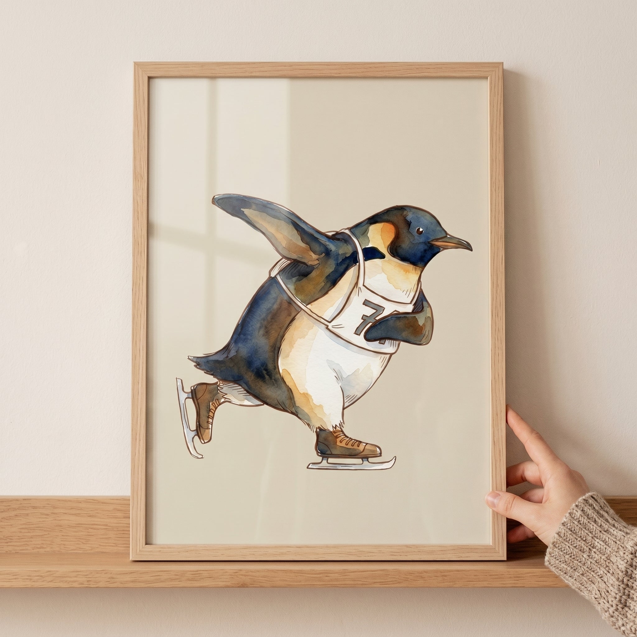 Watercolor Ice Skating Penguin Wall Art - Dashing Penguin Glide